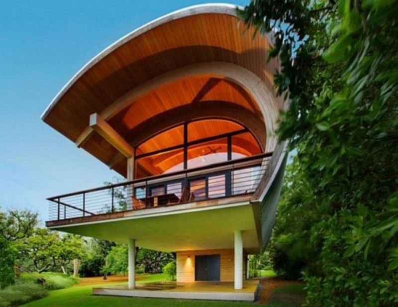 Wooden Framed House, Unusual Design Named Hammock Shaped Guest House