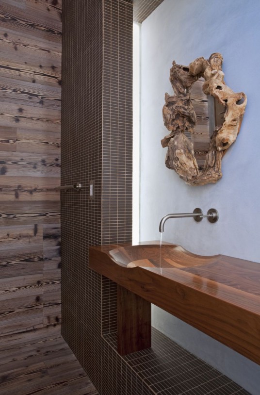 Rustic Style Addition Represented by Wall Mirror Combined with Stylish Wooden Sink Used for Imposing Bathroom