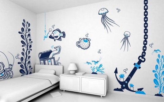 Bedrooms Wall Painting Designs with Life Under The Sea  Wall Painting Designs