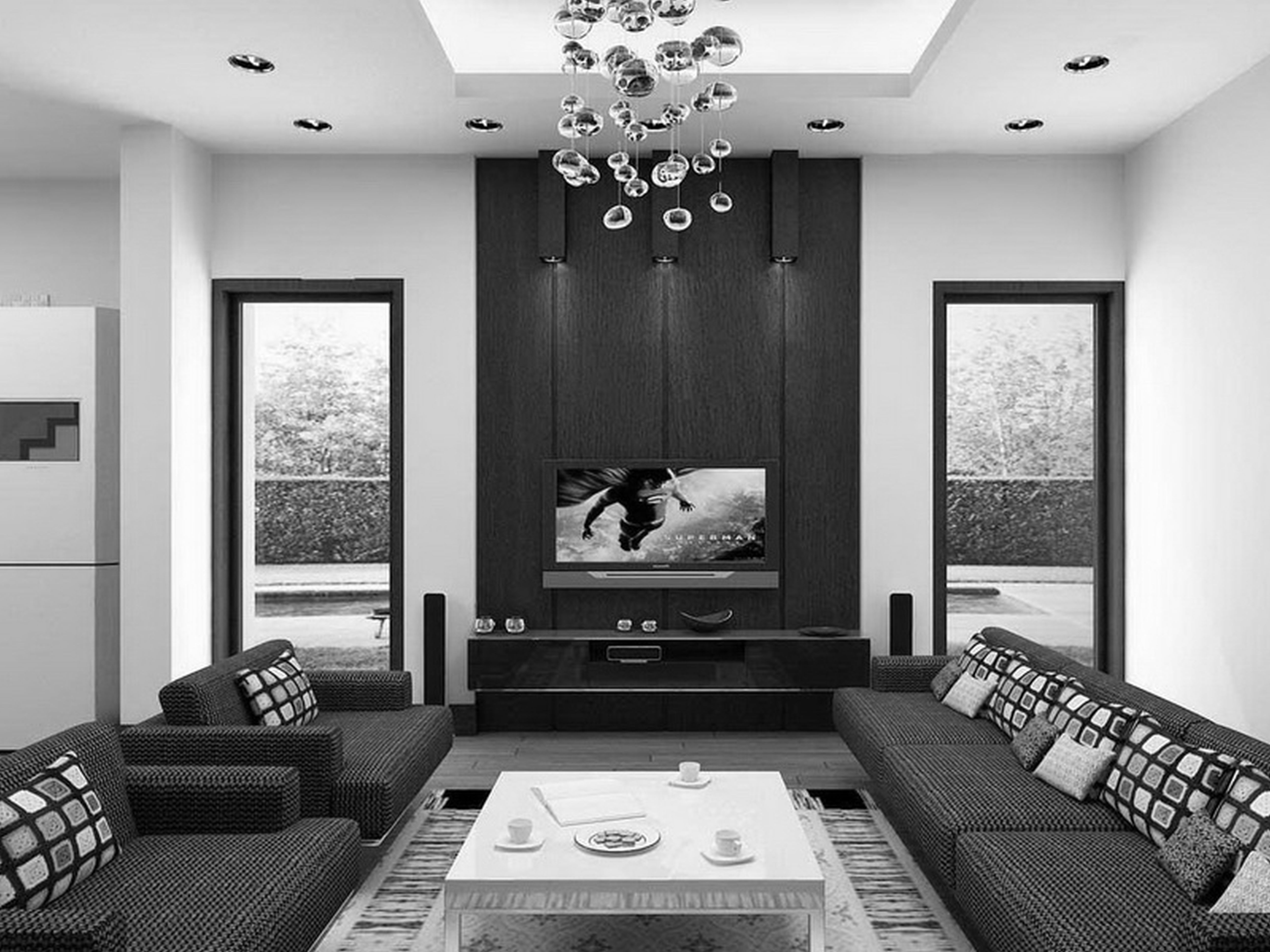 Luxury Living Room In Black And White Color Theme With Dark