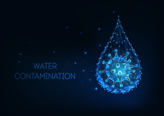 Futuristic water contamination concept with glowing low polygonal water drop and virus cell.